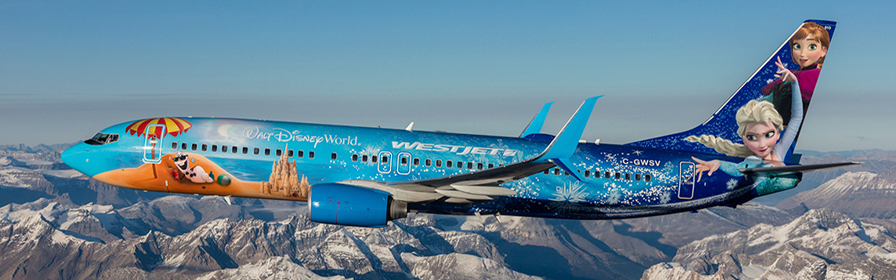 WestJet's Disney Frozen plane above the mountains