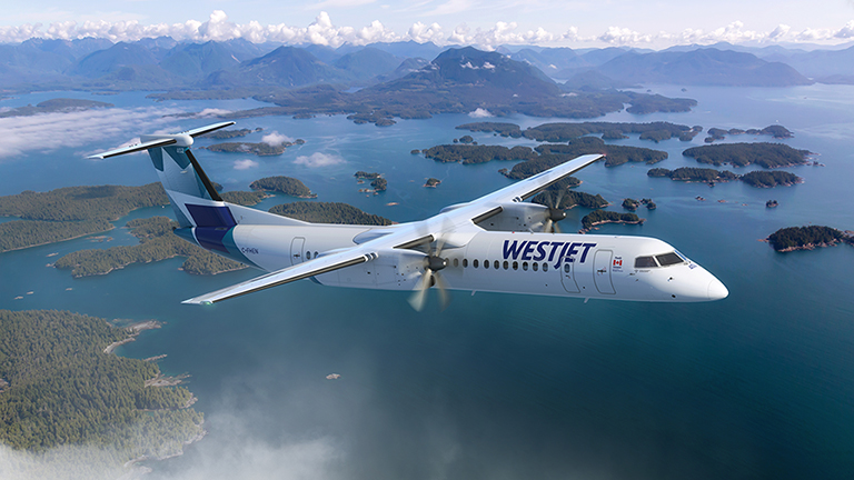 De Havilland Dash 8-400 flying over water(WestJet Encore)