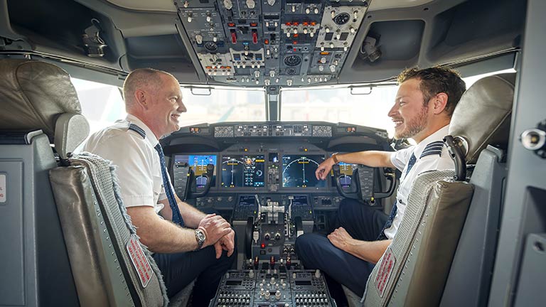 Two WestJet pilots sitting in the cockpit of an aircraft