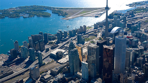 Aerial view of downtown Toronto and Lake Ontario