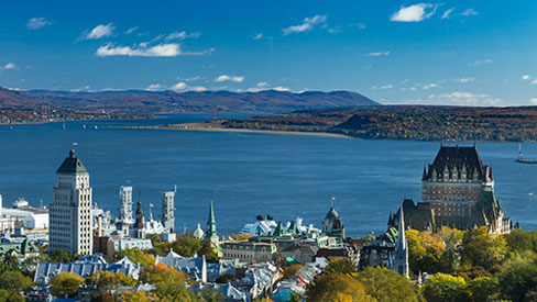 Hilltop view of downtown Quebec City and St. Lawrence River
