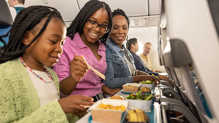 Family sharing a meal on an airplane