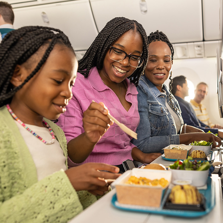Family sharing a meal on an airplane