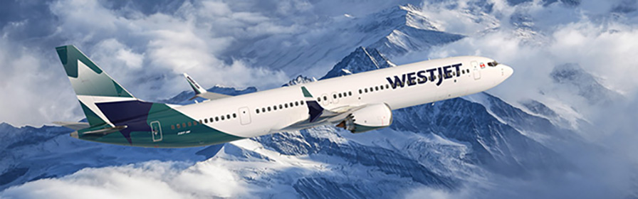 WestJet Boeing 737 MAX 10 flying over mountains