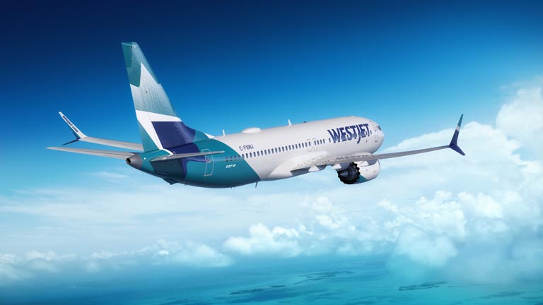 WestJet Boeing MAX 8 aircraft flying over Caribbean