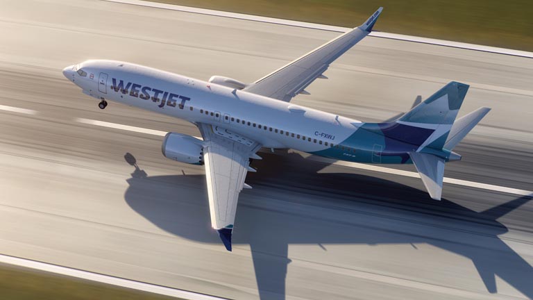 WestJet Boeing MAX 8 aircraft taking off from a runway