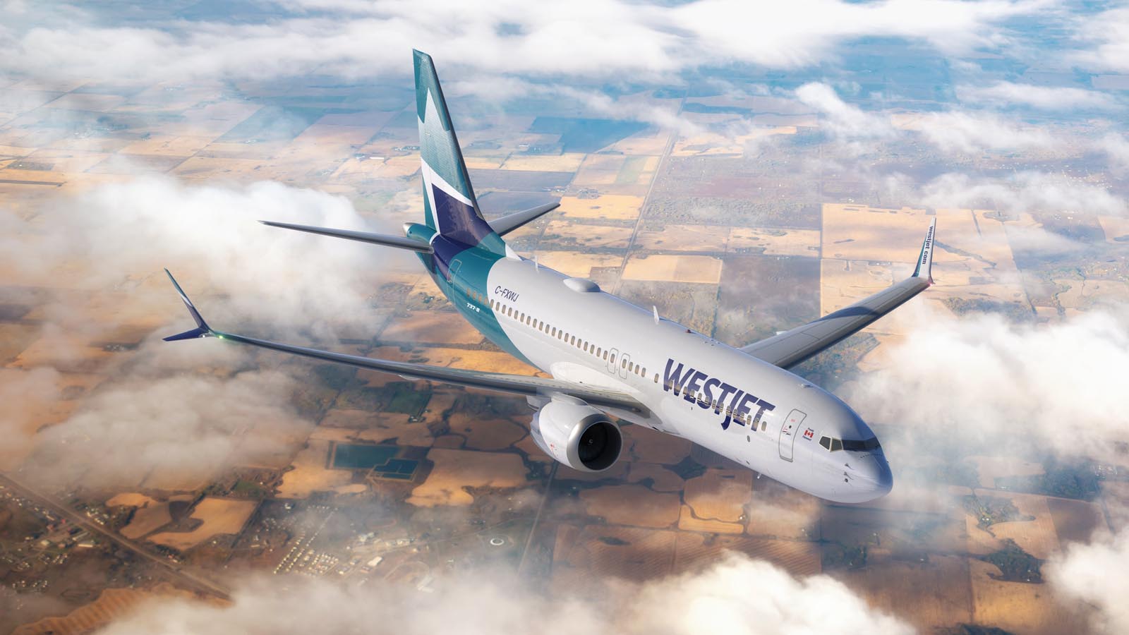 WestJet Boeing MAX 8 aircraft flying over Canadian prairies