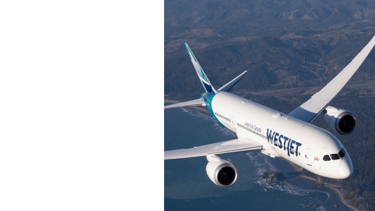 WestJet 787 Dreamliner flying over coastline