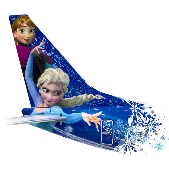 Tail of WestJet Disney plane painted with Anna and Elsa from Frozen