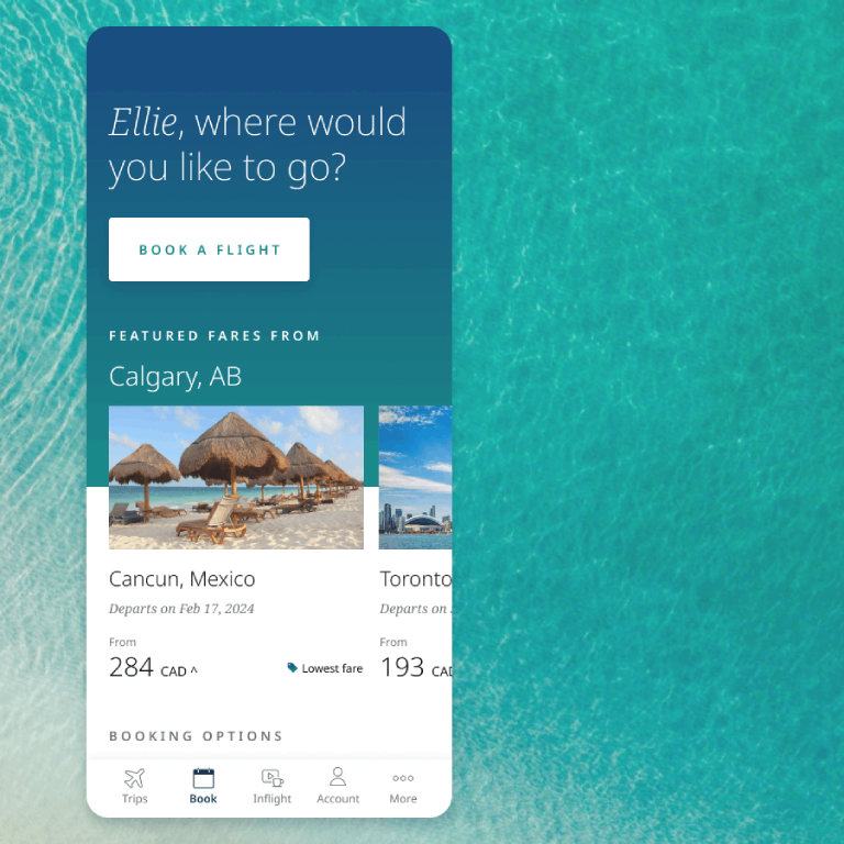 WestJet app overlayed over ocean