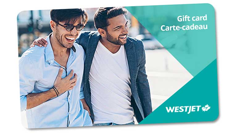 Two friends smiling; WestJet Gift card.