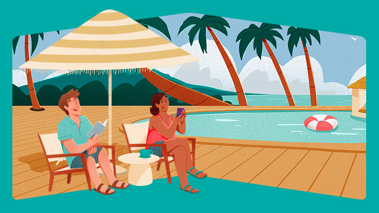 couple relaxing by the pool