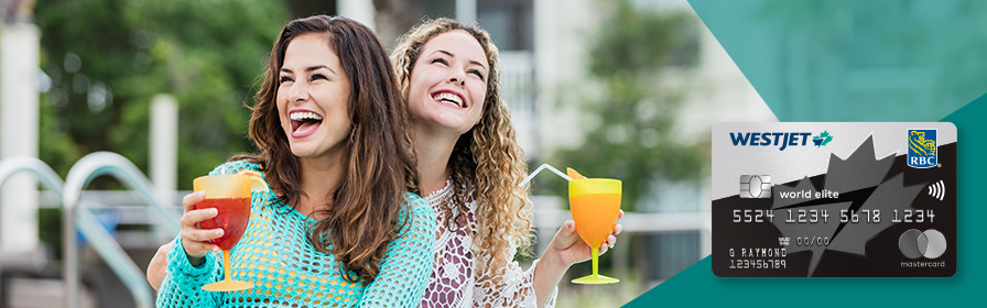 Two women having drinks by the pool with a WestJet RBC® World Elite Mastercard‡ overlay