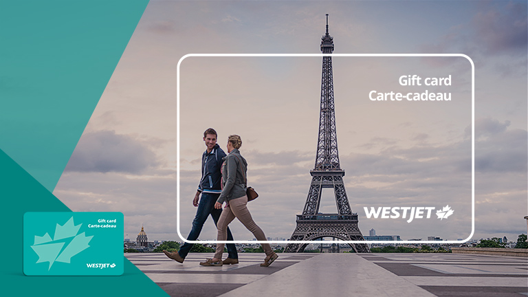 WestJet Gift Card featuring a couple walking in Paris, France
