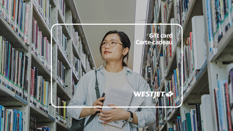 Person in a library with a WestJet Gift Card overlay