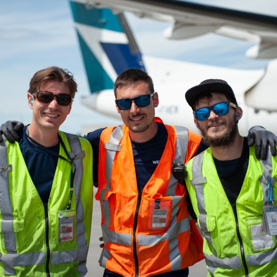 WestJet ramp service agents in front of plane