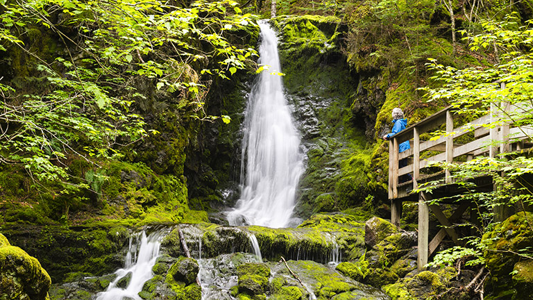 Woman looking at waterfall, Fundy National Park, New Brunswick, Maritime provinces, Canada. Tranquil scene.