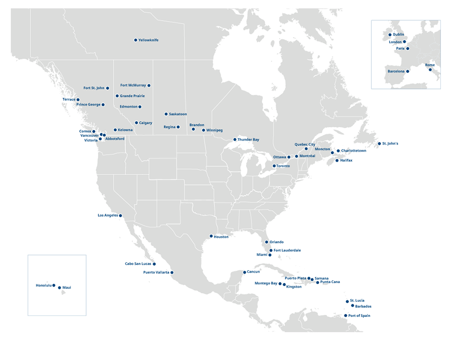 Carte des routes de WestJet Cargo en 2019 :  de Vancouver C.-B. à Calgary AB, Toronto ON., à Dublin en Irlande et plus, y compris les É.-U., le Mexique, les Caraïbes et l’Amérique centrale.
