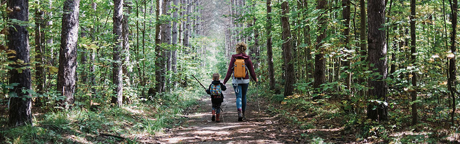 Woman walking with young boy in the forest