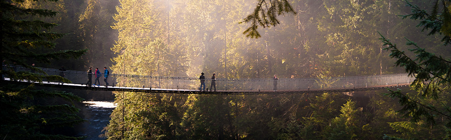  Two people walking across the Capilano Suspension Bridge in Vancouver