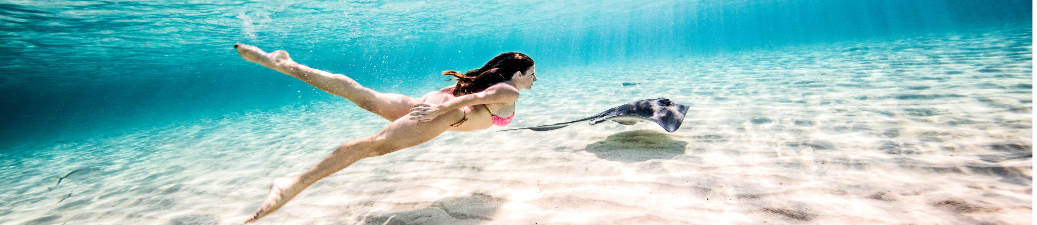 Une fille nage avec une raie dans l'océan