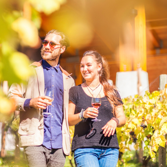 Un couple profite de dégustations sur la route des vins