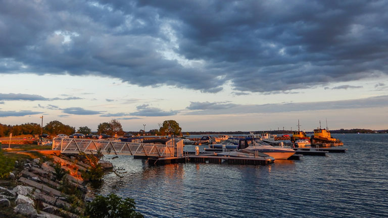 Cloudy day on St. Marys River at a floating marina
