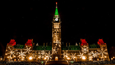 Christmas lights on Parliament Hill in Ottawa