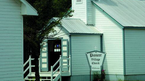 Exterior of church at Founders Pioneer Village
