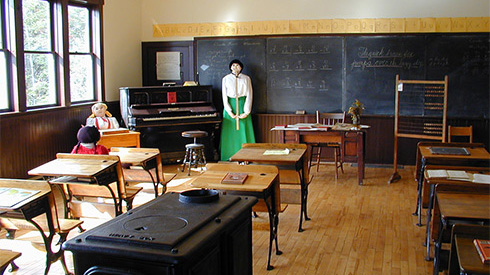 Interior of schoolhouse at Founders Pioneer Village