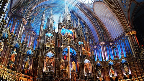 Sun shining through window at Notre-Dame Basilica of Montreal
