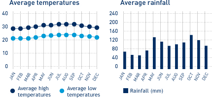 Average monthly temperature and average monthly rainfall diagrams for Punta Cana