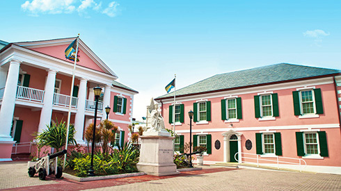 Pink buildings of Parliament Square in Nassau, Bahamas