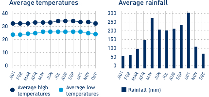 Average monthly temperature and average monthly rainfall diagrams for Negril