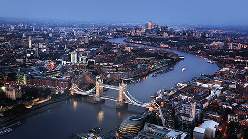 Aerial view of London, England, and Tower Bridge