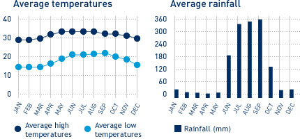 Average monthly temperature and average monthly rainfall diagrams for Puerto Vallarta