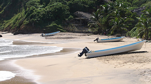 Huatulco beach with motorboat and lush vegetation