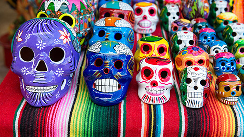 Traditional Mexican souvenir skulls at the market
