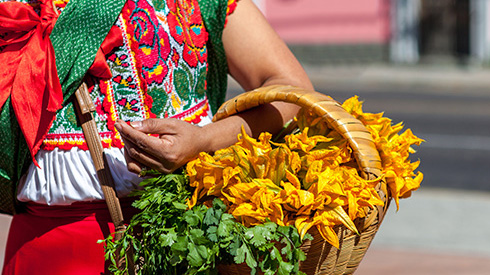 Une femme transportant des légumes et portant une robe traditionnelle du Mexique.