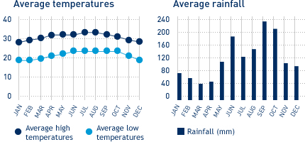 Average monthly temperature and average monthly rainfall diagrams for Cozumel