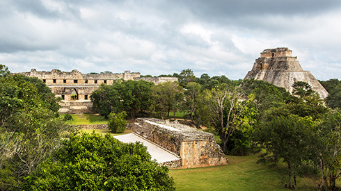 View of an ancient Mayan pyramid in Uxmal, Mexico