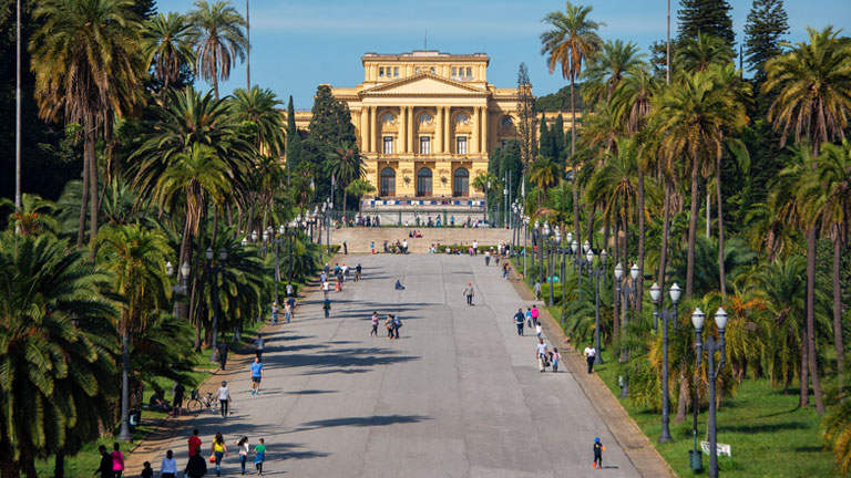 Museu Do Ipiranga and road lined by palm trees