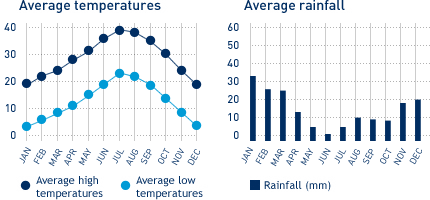 Average monthly temperature and average monthly rainfall diagrams for Palm Springs