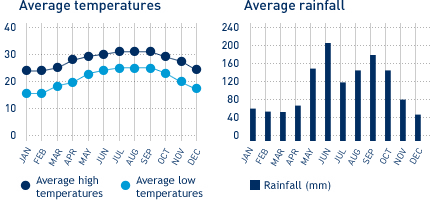 Average monthly temperature and average monthly rainfall diagrams for Miami