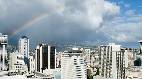 Honolulu, Oahu skyline with rainbow