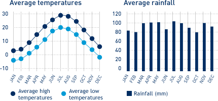 Average monthly temperature and average monthly rainfall diagrams for New York, NY
