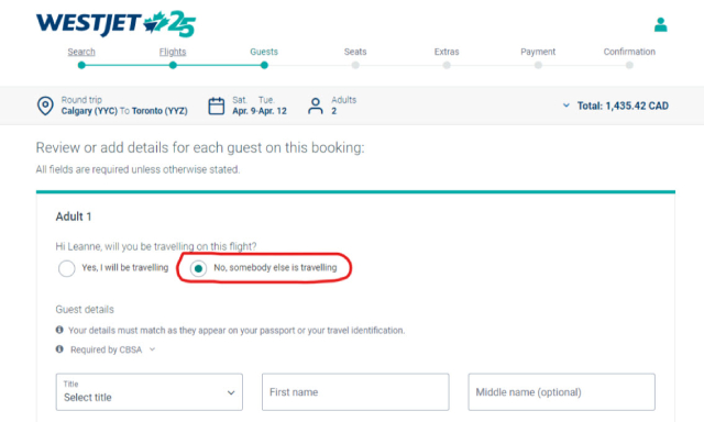 Screenshot showing selection of "No, somebody else is travelling" radio button in WestJet booking flow