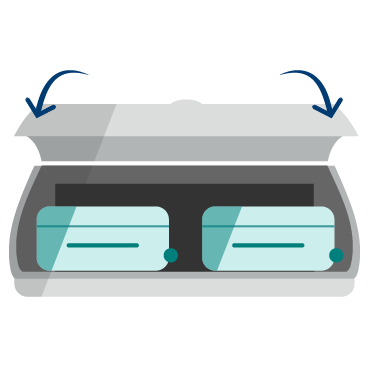 Graphic of 2 roller bags backside facing down in the overhead bin loaded end to end