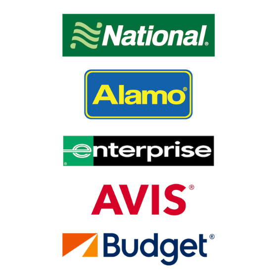 Car rental companies, top to bottom: National, Alamo, Enterprise, AVIS, and Budget