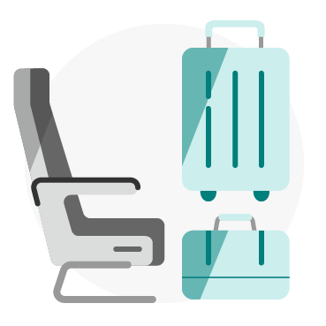 Graphic of roller bag with arrow pointing upwards for overhead bin and laptop bag with arrow pointing downward for below seat